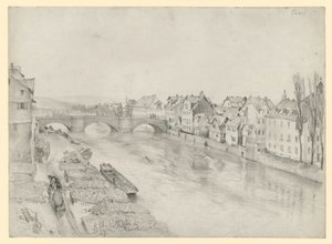 Die Fulda in Kassel. Flusslandschaft mit Brücke und Häusern