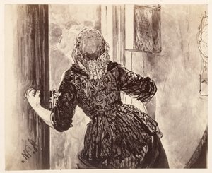 Die Magd kommt auf Adams Läuten; vom Rücken gesehen, die Tür, die Rechte am Türgriff, zu Heinrich von Kleist "Der zerbrochene Krug" von Adolph Menzel