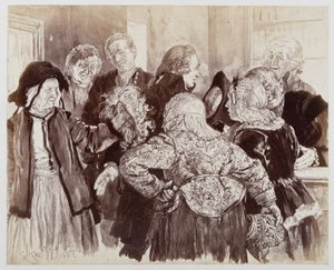 Die alte Brigitte mit der Perücke im Gerichtszimmer, zu Heinrich von Kleist "Der zerbrochene Krug" von Adolph Menzel