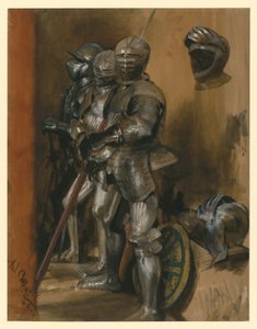 Drei Rüstungen und zwei Helme von Adolph Menzel