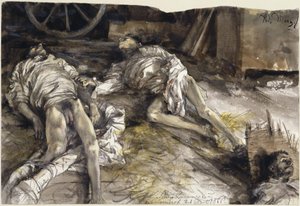 Drei gefallene Soldaten in einer Scheune / Leichenkammer zu Königinhof von Adolph Menzel