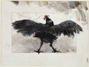 Flatternder Rabe mit Päckchen im Schnabel