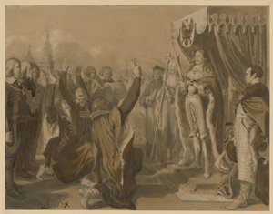 Friedrich Wilhelm Kurfürst von Brandenburg empfängt die Erbhuldigung der Preußischen Landstände zu Königsberg am 18. Oktober 1663. Entwurf für die Denkwürdigkeiten aus der Brandenburgisch-Preußischen Geschichte von Adolph Menzel