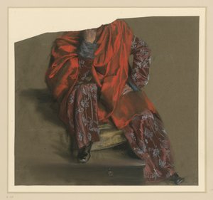 Gewandstudie einer en face sitzenden männlichen Figur in geblümtem langen Rock mit rotem Überwurf von Adolph Menzel
