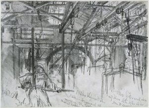 Halle im Walzwerk Königshütte. Studie zum "Eisenwalzwerk. Moderne Zyklopen"