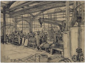 Halle im Walzwerk Königshütte. Studie zum "Eisenwalzwerk. Moderne Zyklopen" von Adolph Menzel