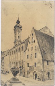 Heiliggeistkirche mit dem ehemaligen Weiberbau des Spitals in der Kaufinger Straße in München von Adolph Menzel