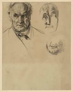Kopf eines älteren Mannes mit Halstuch und zwei Detailstudien des Gesichts von Adolph Menzel