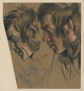 Männlicher Kopf mit Backenbart, vornüber gebeugt; l.: kleinere Wiederholung, u.: derselbe mit Mütze von Adolph Menzel