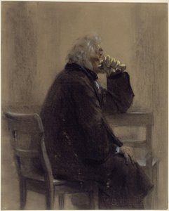 Sitzender älterer Herr im Überzieher mit Handschuhen, Kniestück, Profil nach rechts von Adolph Menzel