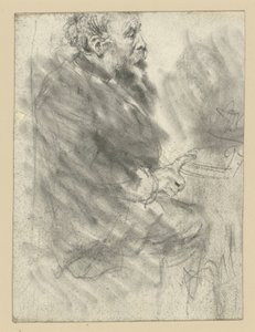 Sitzender bärtiger Mann, nach rechts, den Zeigefinger der rechten Hand ausgestreckt auf der Tischplatte haltend von Adolph Menzel