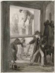 Transparentmalen in der Akademie, vorn ein Herr im Filzhut einer gebückten weiblichen Figur die Hand reichend von Adolph Menzel