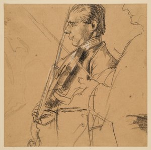 Violinspieler. Halbfigur. Profil nach links. Rechts Profilskizze. Vorstudie zum Gemälde "Flötenkonzert Friedrichs des Großen in Sanssouci" von Adolph Menzel