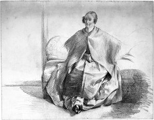 Weibliche Kostümfigur mit Umschlagtuch, auf einem Sofa sitzend von Adolph Menzel
