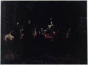 Zecher um einen großen Tisch und ein Sänger von Adolph Menzel