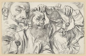 Zwei Studien eines bärtigen Mannes, der mit seiner Linken die Stirn betastet, das Gesicht zweimal wiederholt von Adolph Menzel