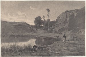 Ein Reiter an einem Bergteich bei Sonnenuntergang von Adolphe Appian