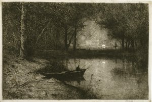 Fischer in einem Ruderboot am Ufer eines Flusses von Adolphe Appian