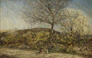Landschaft mit blühendem Obstgarten