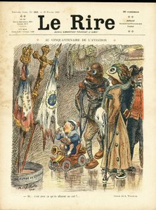 Illustration von Adolphe dit Willette (1857-1926) für das Cover von Le Rire, 26/02/10 - Zum fünfzigsten Jahrestag der Luftfahrt - Luftfahrt, Mode, Hut, Unfälle Katastrophen