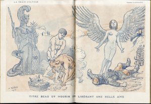 Illustration von Adolphe dit Willette (1857-1926) in „Fantasio“, 01/05/15 - Schön leben und sterben, indem man eine schöne Seele freigibt - Krieg von 14-18, Tote Leichen, Barbarei/Kultur, Marmelade aus Schädeln - Soldaten
