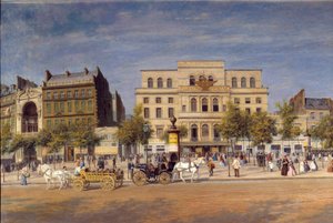 Gesamtansicht der Theater des Boulevard du Temple vor dem Durchbruch des Boulevard Prince Eugene, Detail der Pariser Kutschen vor dem Imperial Theatre. Gemälde von Adolphe Potemont