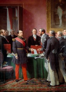 Kaiser Napoleon III. (1808-1873) übergibt Baron Georges Haussmann (1809-1891) das Dekret zur Annexion der benachbarten Gemeinden im Juni 1859 von Adolphe Yvon