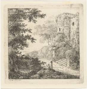 Landschaft mit Figuren bei einer Burgruine