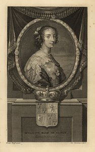 Henrietta Maria von Frankreich, Frau von König Karl I. von England. In Kleid mit Spitzenkragen, Perlenkette. Mit Krone und Wappen. Kupferstich von Charles Simonneau nach Adriaen van der Werff aus Isaac de Larrey