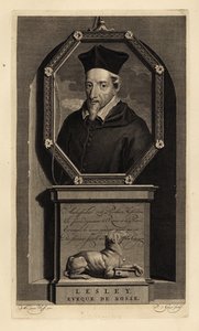 John Lesley, schottischer Historiker und Bischof von Ross. Eveque de Rosse. Hund mit Schlüssel. Kupferstich von Pieter Stevens van Gunst nach Adriaen van der Werff aus Isaac de Larrey’s Histoire d’Angleterre, d’Ecosse et d’Irlande, Amsterdam von Adriaan van der (after) Werff