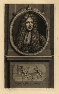 König James II. von England, James VII. von Schottland, Jacques II Roy d’Angleterre. Mit Perücke, Spitzenhalstuch, Kette mit Figur von St. Georg und dem Drachen. Vignette zeigt einen römischen Kaiser, der seine Krone an einen Soldaten verliert. Kupferstich von Adriaan van der (after) Werff