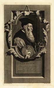 Porträt von Stephen Gardiner, Bischof von Winchester und Politiker. Mit Wappen. Kupferstich von Pieter Stevens van Gunst nach Adriaen van der Werff aus Isaac de Larrey’s Histoire d’Angleterre, d’Ecosse et d’Irlande, Reinier Leers, Rotterdam von Adriaan van der (after) Werff
