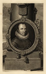Wilhelm I., Prinz von Oranien, Wilhelm der Schweiger oder Wilhelm der Schweigsame. Guillaume, Premier Prinz d’Orange. In Rüstung mit Spitzenkrause, Wappen oben, Steinschlosspistole und Bleikugeln unten. Kupferstich von Gerard Valck nach Adriaen van von Adriaan van der (after) Werff
