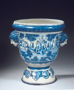 Große Delfter blau-weiße mythologische Gartenurne im Barockstil, ca. 1700 von Adriaen (fl.1868 d.1701) (attr.to) Kocks