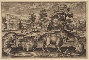 Ein Affe, ein Stachelschwein, zwei Igel, ein Büffel und ein Fuchs von Adriaen Collaert