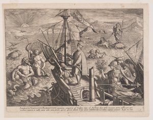 Amerigo Vespucci auf seinem Schiff, aus Americae Retectio (Die Entdeckung Amerikas)