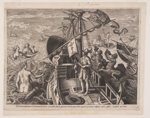 Christoph Kolumbus auf seinem Schiff, aus Americae Retectio (Die Entdeckung Amerikas)