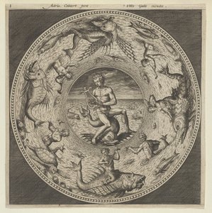 Entwurf für einen Teller mit Arion, der auf einem Delphin reitet, in einem von Seeungeheuern umgebenen Medaillon, um 1600