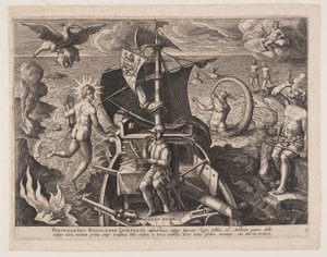 Magellan sitzt an Deck, aus Americae Retectio