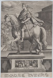 Platte 7: Reiterstatue von Galba, im Profil nach links, mit einer Enthauptungsszene..., ca. 1587-89 von Adriaen Collaert