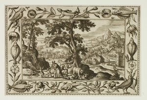 Die von Elija verfluchten und von der Bärin gefressenen spottenden Kinder, aus Landschaften mit alten und neuen Testamentsszenen und Jagdszenen