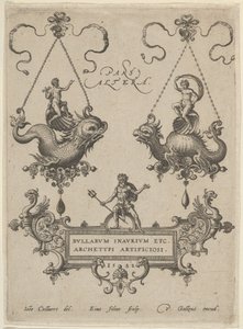 Titelblatt mit zwei Anhänger-Designs oben und Neptun, der auf einer Kartusche steht, unten, 1582