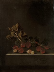 Ein Zweig Stachelbeeren auf einem Steinsockel von Adrian Coorte