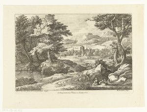Landschaft mit zwei Figuren entlang eines Weges, in der Ferne eine Kirche von Adriaen Frans Boudewyns