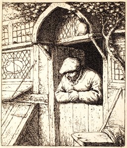 Mann, der sich an seine Tür lehnt, ca. 1672