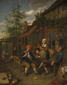 Bauern trinken vor einem Gasthaus