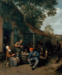 Bauern rauchen und feiern vor einer Taverne, 1676