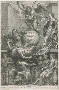 Allegorische Titelseite mit dem niedergeschlagenen Neid
Titelseite für: C. Hazart, Kirchengeschichte, 1669