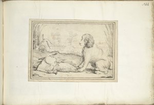 Hund neben Jagdausrüstung und Beute in Landschaft von Adriaen Matham (signed by artist)