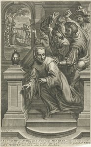 Eustachius Avril von Calvinisten die Treppe hinuntergeworfen von Adriaen Millaert